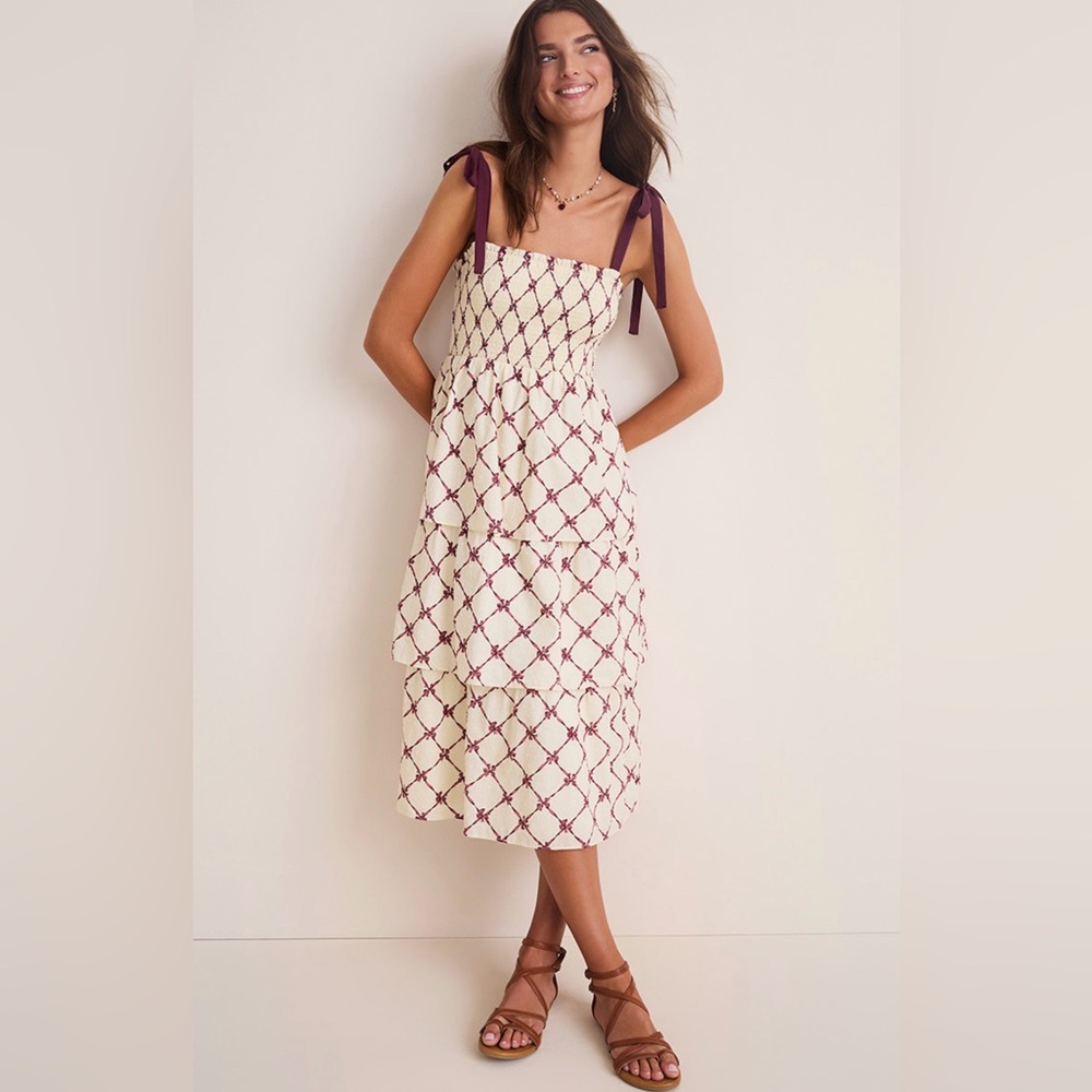 NWT Angie Bow-Print Smocked Tiered Midi Dress Size XL